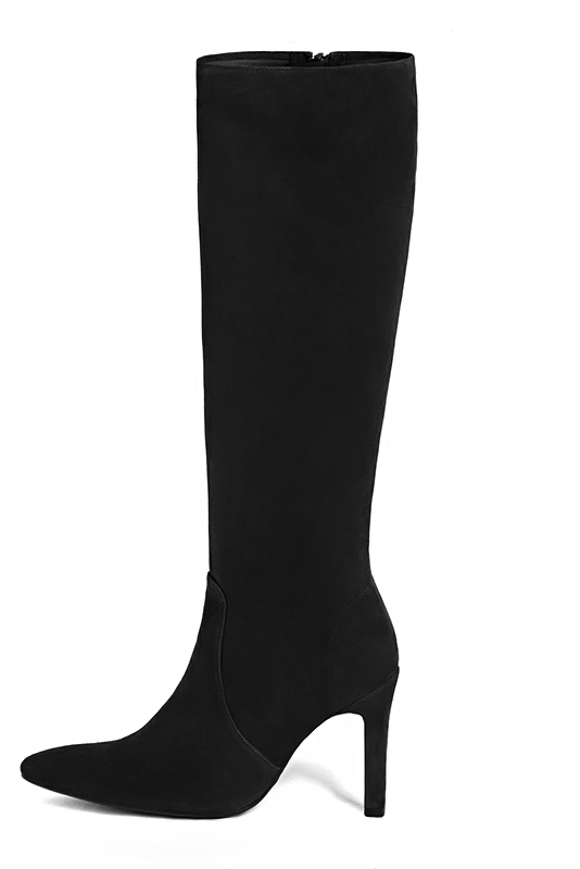 Matt black women's feminine knee-high boots. Tapered toe. Very high slim heel. Made to measure. Profile view - Florence KOOIJMAN